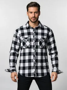 Detailed view of men's black and white buffalo plaid long-sleeve casual shirt