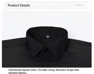 Macro detail of a classic square collar on a black slim-fit business shirt.