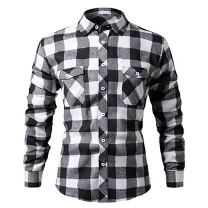 Close-up of classic black and white buffalo plaid pattern on long-sleeved men's shirt