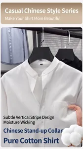 Close-up of white cotton stand collar shirt with subtle vertical stripe texture