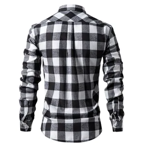 Back view of men's classic black and white buffalo plaid long sleeve casual shirt