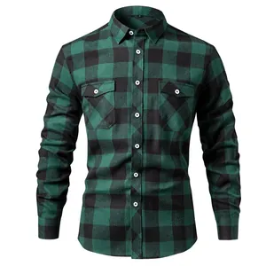 Close-up of men's green and black buffalo plaid flannel shirt with chest pockets