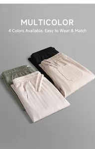 Detail view of four colors of breathable summer linen-style trousers for men
