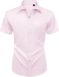 Camisa de negocios rosa para hombre de manga corta, corte entallado y tela elástica