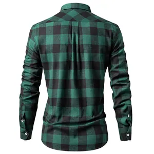 Detailed back view of classic men's green and black plaid long-sleeve casual shirt