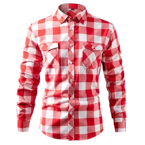 Detail of classic red and white buffalo plaid pattern on long-sleeve men's shirt
