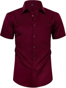 Camisa de hombre burdeos de manga corta entallada con bolsillo y elástico en 4 direcciones