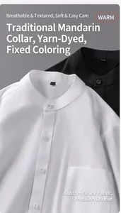 Close-up of men's stand collar shirt showing premium fabric texture and buttons