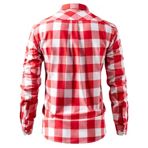 Back view detail of a classic men's red and white buffalo plaid long sleeve shirt