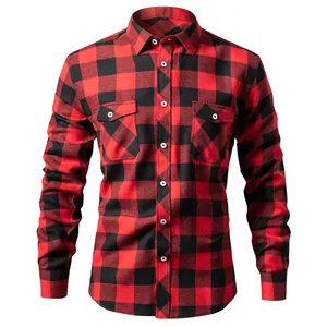 Front view of classic red and black checkered long sleeve flannel shirt for men