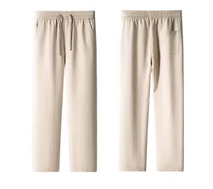 Front and back view of men's breathable beige Lyocell linen straight leg casual pants