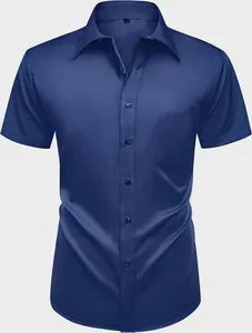 Camisa de vestir azul marino de manga corta para hombre con tejido elástico sin plancha