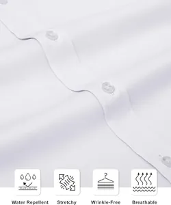 Détail d'une chemise stretch blanche pour hommes avec des icônes de tissu respirant et infroissable.