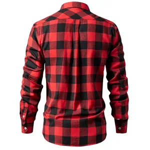 Back view of a classic red and black buffalo plaid long-sleeved flannel shirt for men.