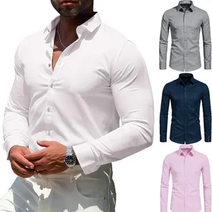Chemise ajustée à manches longues pour hommes en blanc, gris, bleu marine et rose