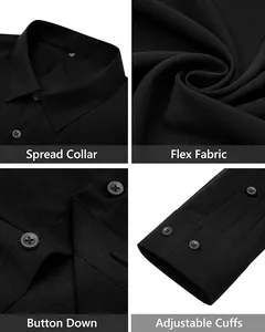 Détails d'une chemise homme noire extensible sans repassage, montrant le col et les poignets