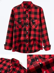 Detailed macro view of red and black buffalo plaid shirt with buttons and fabric texture