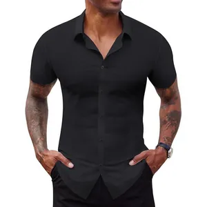 Camicia da uomo nera slim fit muscolare ad alta elasticità stile business casual moderno