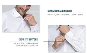 Details of men's white shirt featuring classic square collar and exquisite buttons.