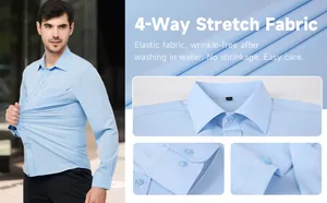 Vista detallada de la camisa azul para hombre con tejido elástico en 4 direcciones y textura.