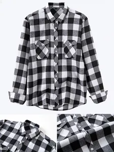 Detail of black and white plaid button-down shirt with chest pockets and collar view