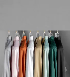 Detailed view of various colors for men's premium silk satin long-sleeve shirts.