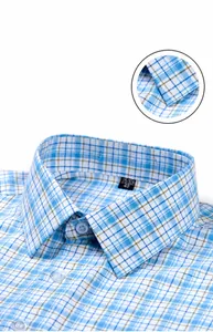 Detail of square collar on blue and white plaid cotton men's short sleeve shirt