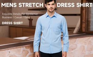 Vista detallada de camisa elástica de manga larga para hombre en azul claro con bolsillo