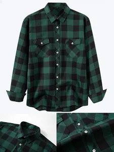 Detailed macro view of green and black checkered flannel shirt texture and buttons