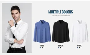 Selection of men's non-iron stretch shirts in blue, black, and white colors.