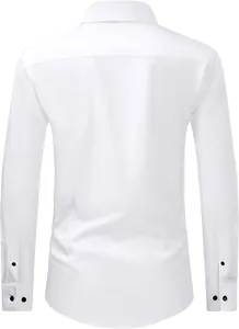 Vue arrière d'une chemise blanche ajustée à manches longues pour homme en tissu extensible.