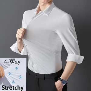 Camicia da Uomo a Maniche Lunghe Stretch in 4 Direzioni Antipiega Slim Fit Business Casual Tinta Unita Senza Cuciture Top
