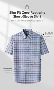 Macro detail of a men's blue plaid cotton short-sleeved shirt showcasing its slim fit cut.
