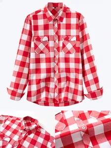 Detailed view of a red and white plaid shirt showing collar, buttons, and fabric texture.