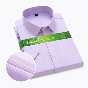 Close-up of light purple bamboo fiber short sleeve dress shirt with micro-grid texture