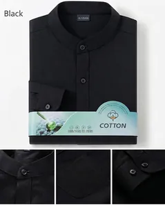 Detailed macro view of black mandarin collar men's shirt with textured cotton fabric.