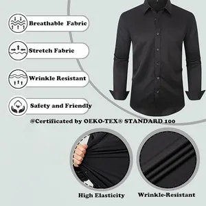 Détail de la chemise extensible noire infroissable avec caractéristiques de tissu respirant