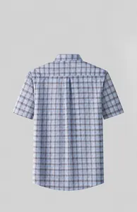 Back detail of men's short sleeve plaid shirt showing anti-wrinkle pleat design