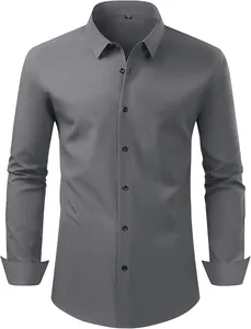 Chemise à manches longues pour hommes en tissu extensible gris avec finition sans repassage