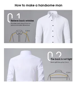 Vue détaillée d'une chemise blanche infroissable avec des caractéristiques techniques