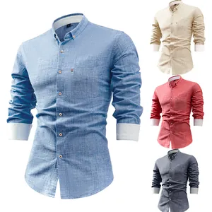 Camicia casual a maniche lunghe in lino e cotone da uomo con polsini a contrasto