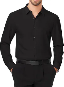 Vue détaillée d'une chemise habillée noire à manches longues pour homme en tissu extensible