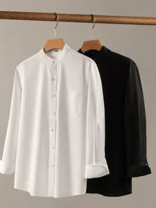 Men's Mandarin Collar Cotton Shirt Textured Long Sleeve Henley Shirt Casual Slim Fit Solid Color Button Down Top Clothing