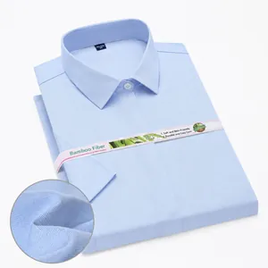 Detail view of light blue bamboo fiber short sleeve shirt with fabric texture closeup