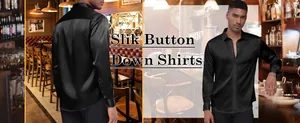 Vue détaillée d'une chemise boutonnée en satin noir haut de gamme au fini brillant.