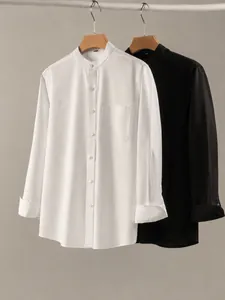 Minimalist stand collar men's shirt with unique textured fabric in classic white and black