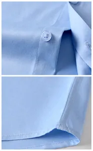 Gros plan détaillé des boutons en résine et de l'ourlet sur une chemise en satin bleu clair homme