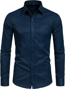 Vista detallada de camisa de hombre azul marino de manga larga con tejido elástico