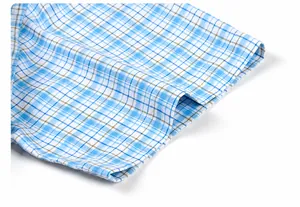 Detailed view of a blue and white checkered short-sleeve cotton shirt cuff stitching