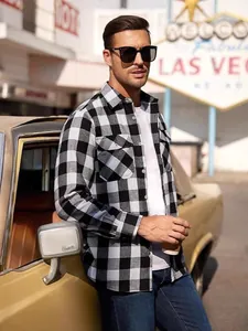 Stylish men's black and white checkered flannel long-sleeved shirt for casual daily wear